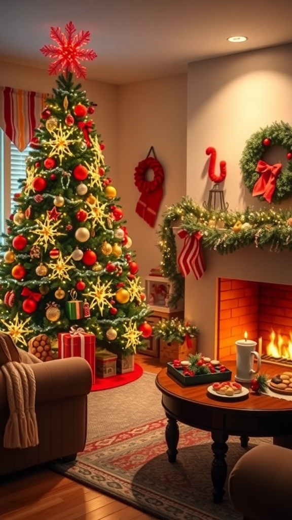 A cozy Christmas living room with a decorated tree and festive decorations.